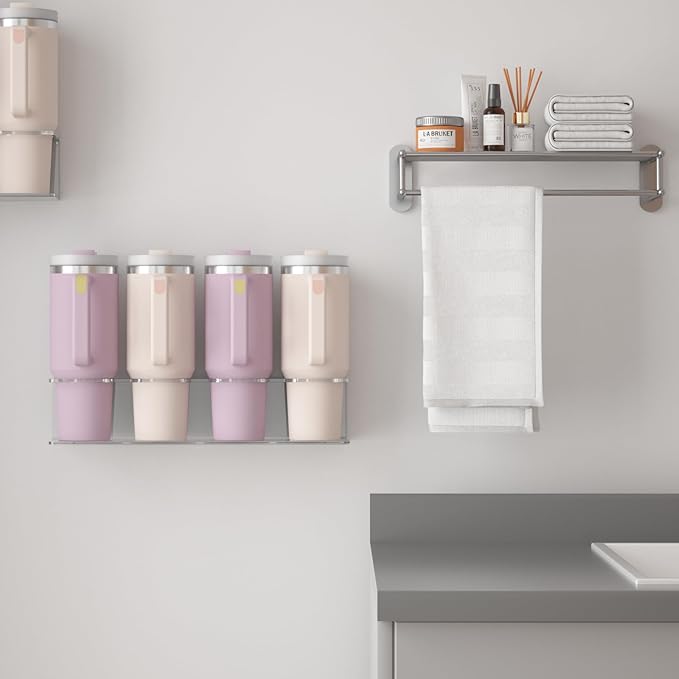 2 Pack Acrylic Cup Holder Organizer for Stanley 40 oz, Large Heavy Duty Stanley Cup Holder, Spray Can Holder Storage Rack, Holds 8 Tumblers for Home Office & Kitchen, Wall Mounted with Accessories