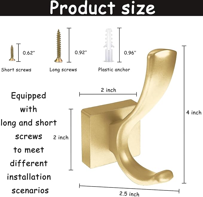 2 Pack Towel Holder for Bathroom Wall Hooks, Shower Bath Towel Rack Holder, Robe Hook Heavy Duty Coat Hooks Entryway Wall Mounted for Hanging Key Robe Hat Backpack (Golden)
