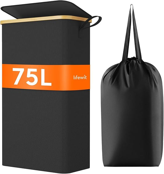 Lifewit 75L Slim Laundry Hamper with Lid, Narrow Laundry Basket with Removable Bag & Bamboo Handles, Fodable Thin Dirty Clothes Hamper for Laundry Collapsible Bin for Bathroom Bedroom Dorm, Black-NeatNest