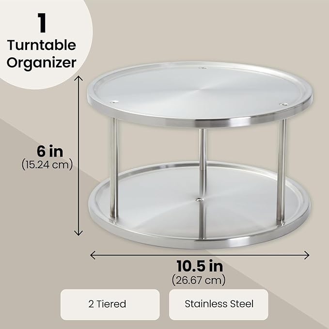 Juvale 2-Tier Lazy Susan Spice Rack Organizer for Cabinet - 10.5 in, Stainless Steel - Kitchen Countertop Organizer & Spice Carousel for Pantry Organization