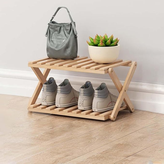 2 Tier Bamboo Shoe Rack,Portable Folding Shoe Storage Rack,Without Installation Small Shoe Rack Perfect for Corridors, Bedrooms and Small Spaces (2 Tier)-NeatNest