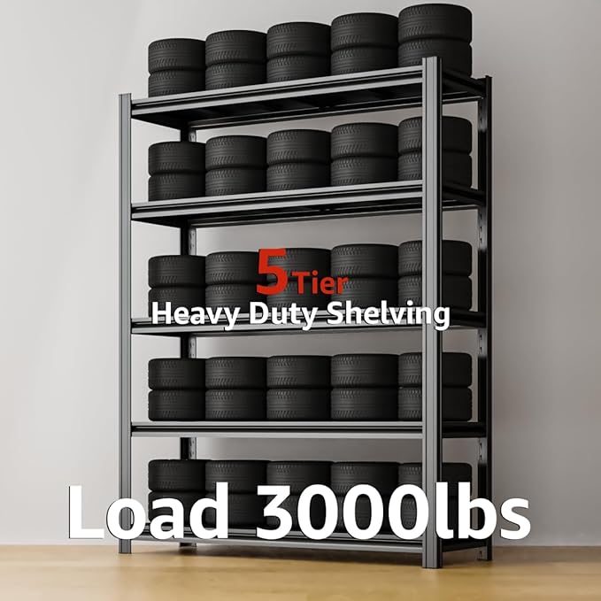 5 Tier Metal Shelving Unit 84" H x 48" W x 24" D, 3000LBS Adjustable Garage Shelves, Heavy Duty Storage Shelves for Warehouse, Basement, Kitchen, Pantry, Living Room, Black-NeatNest