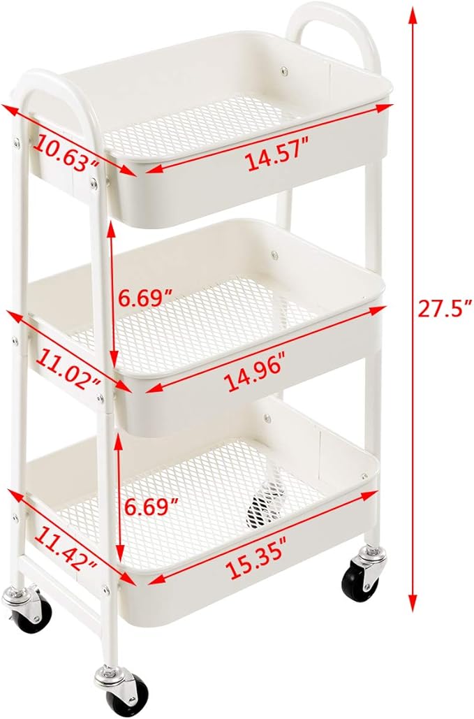 AGTEK Makeup Cart, Movable Rolling Organizer Cart, White 3 Tier Metal Utility Cart-NeatNest