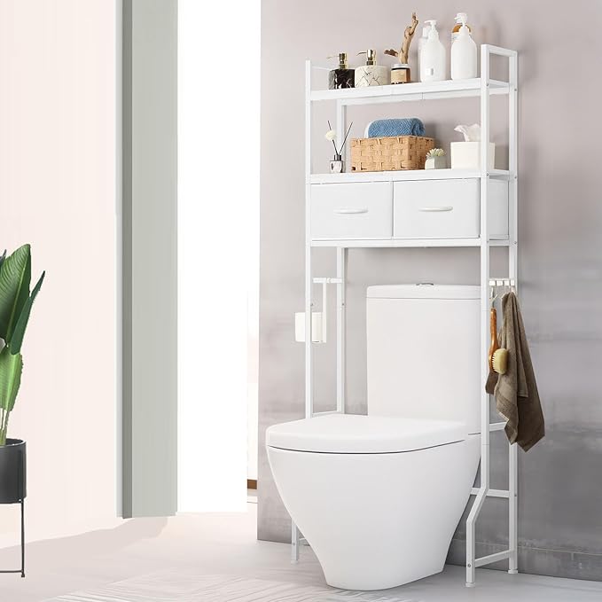ETELI Over The Toilet Storage Cabinet with Fabric Drawers 3-Tier Over Toilet Bathroom Organizer Behind Toilet Bathroom Shelf Organizer with 4 Hooks Freestanding Bathroom Space Saver White