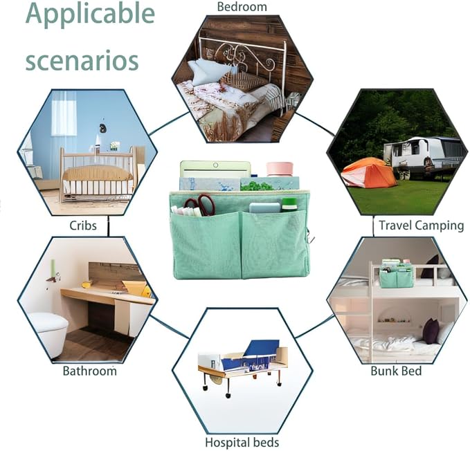 2-Pack Bedside Caddy Bedside Hanging Storage Basket Multi-Function Organizer Caddy for Bunk and Hospital Beds Dorm Rooms Bed Rails, Can be Placed Glasses Books Mobile Phones（2pcs Green）-NeatNest