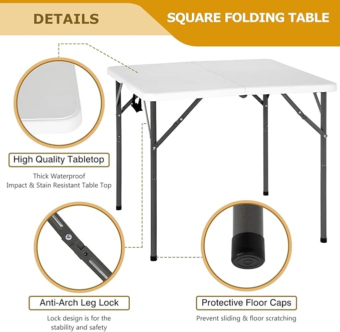 34" Square Plastic Folding Card Table, Portable Outdoor Dining Table with Collapsible Legs and Carrying Handle,Plastic Tables for Camping,Picnic, Office-NeatNest
