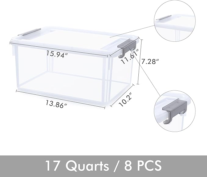 Citylife 17 QT Plastic Storage Bins with Latching Lids Stackable Storage Containers for Organizing Large Clear Storage Box for Garage, Closet, Kitchen, 8 Packs-NeatNest