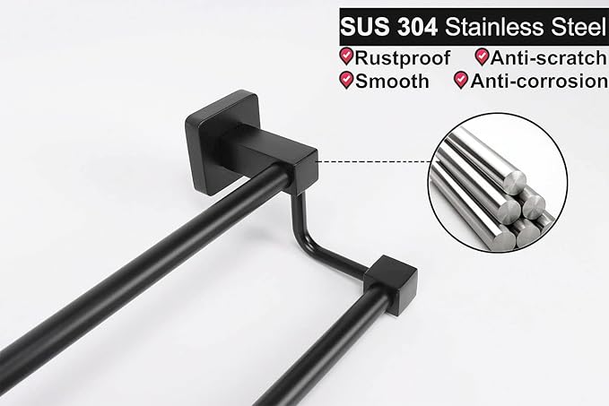 TocTen Double Bath Towel Bar - Thicken SUS304 Stainless Steel Towel Rack for Bathroom, Bathroom Accessories Double Towel Rod Heavy Duty Wall Mounted Square Towel Holder (Matte Black,24 INCH)