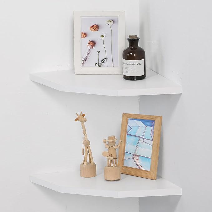 Corner Wall Shelves Set of 2, Rustic Wood Corner Floating Shelves with Cable Raceway, Wall Mount Storage Display for TV Accessories, Baby Monitor, Speaker, Cable Box (White, Diamond- 12 Inch)-NeatNest