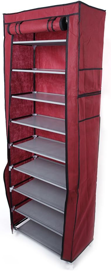 10 Tiers Shoe Rack with Dustproof Cover 27 Pair Shoe Tower Stand Sturdy Shelf Storage Organizer Cabinet Perfect for Bedroom, Closet, Entryway, Dorm Room (Wine Red)-NeatNest