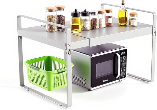 Expandable Cabinet Shelf Organizer 14-25 Inch Adjustable Length, 9" Wide 2-Tier (8" Bottom Layer) Metal Storage Rack for Kitchen Pantry, Under Sink Countertop - Heavy Duty White(1 Pack)