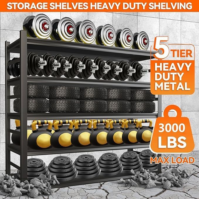 Heavy Duty Garage Shelving, 87" H x 47.2" W x 23.6" D, 3000 lbs Load Capacity, Sturdy Steel Metal Shelves for Storage, Industrial Black 5-Tier Shelving Rack for Garage, Basement, and Workshop-NeatNest