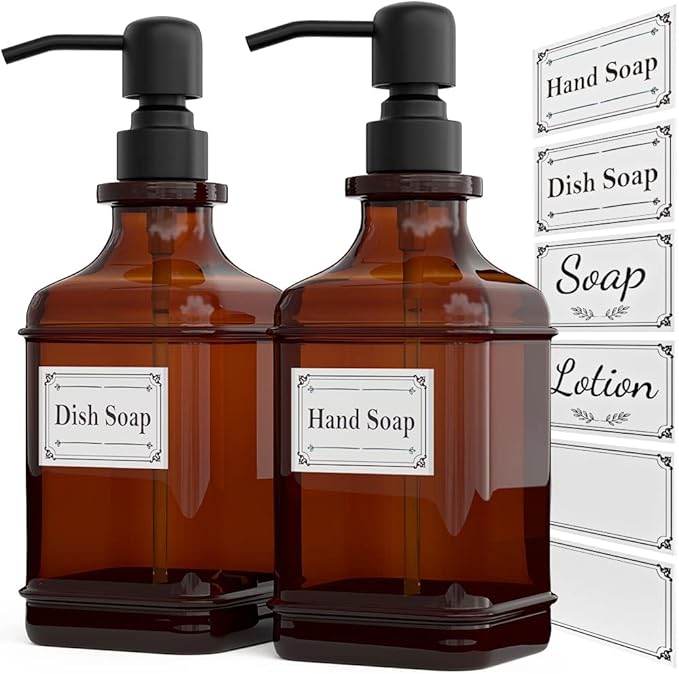 GLADPURE Soap Dispenser 2 Pack, Hand Soap Dispensers with 18 Oz Antique Design Thick Amber Glass Bottle, 316 Rust Proof Stainless Steel Black Pump, 6Pcs Stickers, for Lotion, Soap, Essential Oil-NeatNest