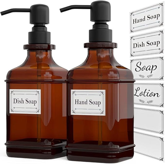 GLADPURE Soap Dispenser 2 Pack, Hand Soap Dispensers with 18 Oz Antique Design Thick Amber Glass Bottle, 316 Rust Proof Stainless Steel Black Pump, 6Pcs Stickers, for Lotion, Soap, Essential Oil-NeatNest