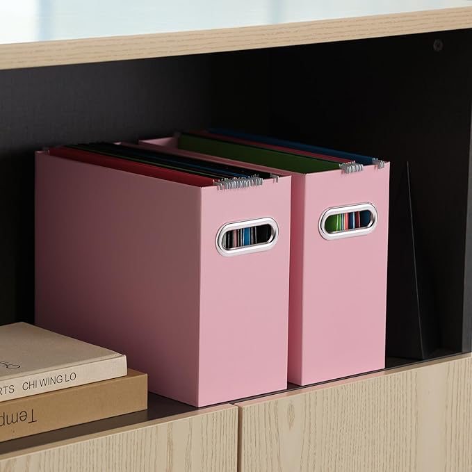 Oterri File Organizer, 6 Packs Small Storage Box, Cardboard File Folder Organizer, Collapsible File Box for Hanging File Folders Letter Size, Portable Filing Organizer with Handle（Pink）