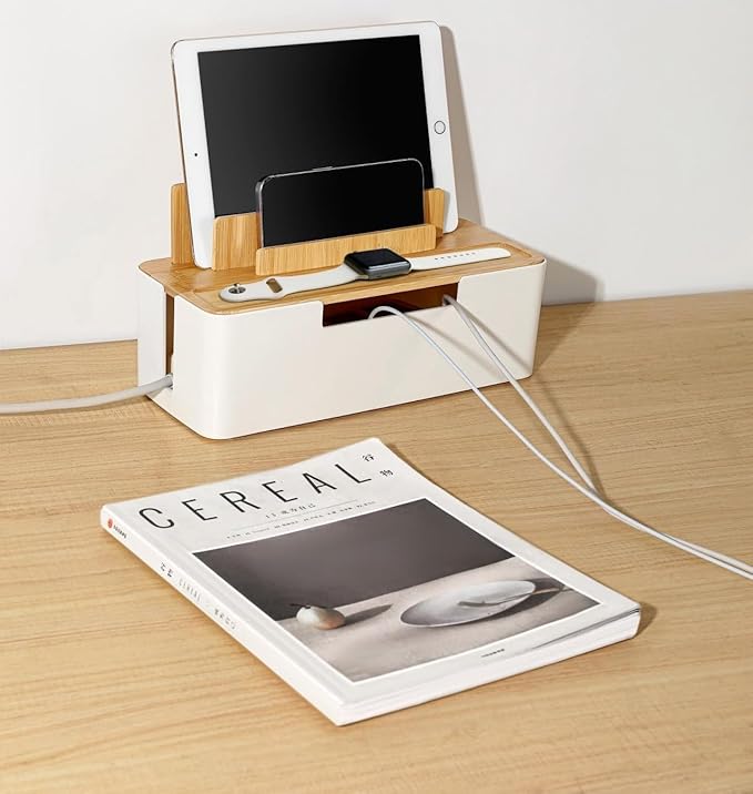 Cable Management Box with Wooden Lid, Multi-Device Organizer for Phones/Tablets/Smartwatches, Desktop Cord Organizer for Tidy Workspace (White)