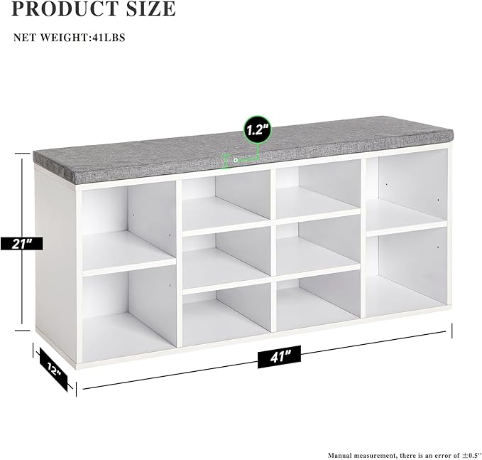 Shoe Storage Bench, Entryway Bench with Storage, 3-Tier Shoe Rack Bench 10 Cubbies Adjustable Shelves Shoe Organizer Shelf for Hallway Front Door Living Room Bedroom