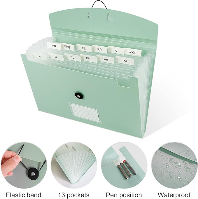 Green Expandable File Folders, Expanding Receipt Organizer, Accordion Folder File Folders, Important Document Organizer, Accordion Folder for Office/School