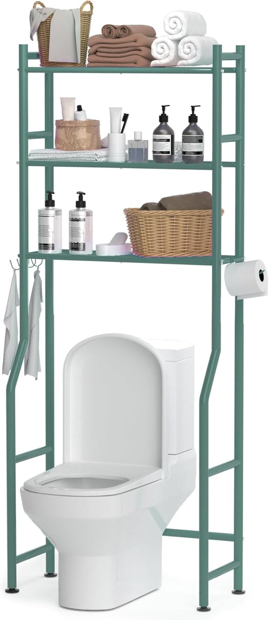 3 Tier Over The Toilet Storage Rack with 2 Basket, Metal Freestanding Bathroom Shelves Toilet with Paper Holder and 4 Hooks, Over Toilet Storage Shelf for Bathroom Storage, Green-NeatNest