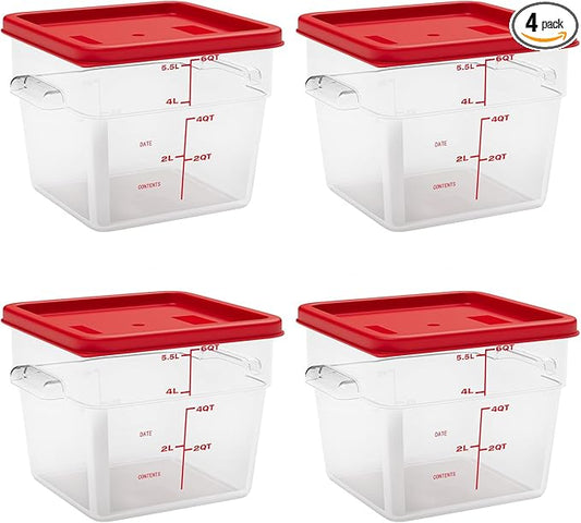 6 Quart Set of 4 Food Storage Containers,Food Containers with Lids and Handles,Square Commercial Food Containers for Kitchen, Restaurant，Refrigeration etc