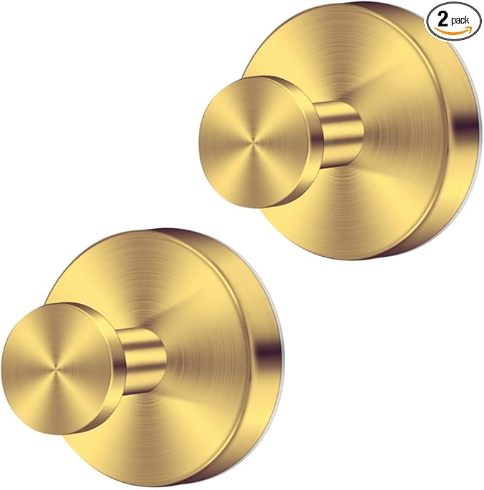 Gold Waterproof Suction Cup Hooks, 2-Pack Heavy Duty Stainless Steel No Drill Shower Hooks for Hanging Towels, Robes, Loofahs, Holder Holds Strong on Tile, Glass, Mirror, Wall, Bathroom Door