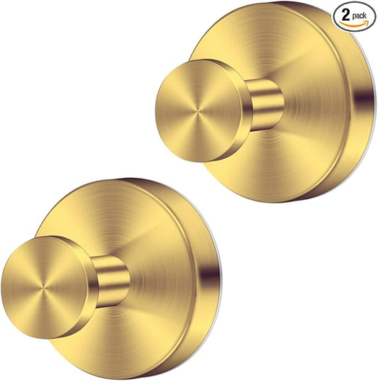 Gold Waterproof Suction Cup Hooks, 2-Pack Heavy Duty Stainless Steel No Drill Shower Hooks for Hanging Towels, Robes, Loofahs, Holder Holds Strong on Tile, Glass, Mirror, Wall, Bathroom Door