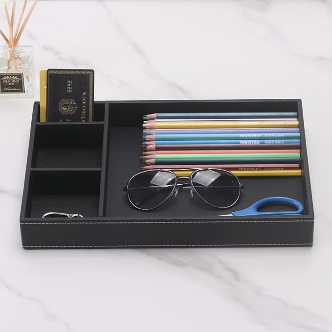 Guestroom Decoration Tray, Nightstand or Dresser Organizer, Valet Tray, 4 Compartment PU Leather Drawer Storage Organizer-NeatNest