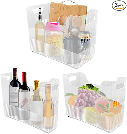 3 Pcs Freezer Organizer Bins with Wheel Clear Plastic Pantry Organizer and Storage 3 Size Tall Narrow Kitchen Organization Pantry Organizer Snack Storage Containers for Office Refrigerator