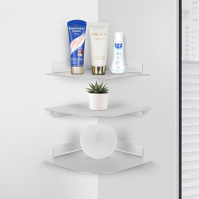 8" Floating Corner Shelf, Metal Corner Shelf Wall Mount for Wall Storage, for Smart Home, Speakers, Internet Router, Security Camera - for Bathroom, Kitchen, Bedroom, and Living Room (Silver)-NeatNest