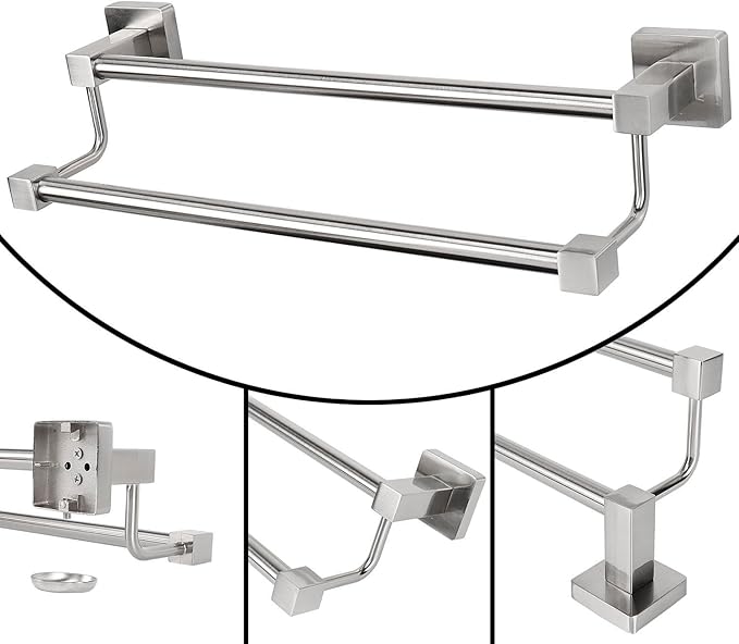 TocTen Double Bath Towel Bar - Thicken SUS304 Stainless Steel Towel Rack for Bathroom, Bathroom Accessories Double Towel Rod Heavy Duty Wall Mounted Square Towel Holder(Brushed Nickel, 24 INCH)
