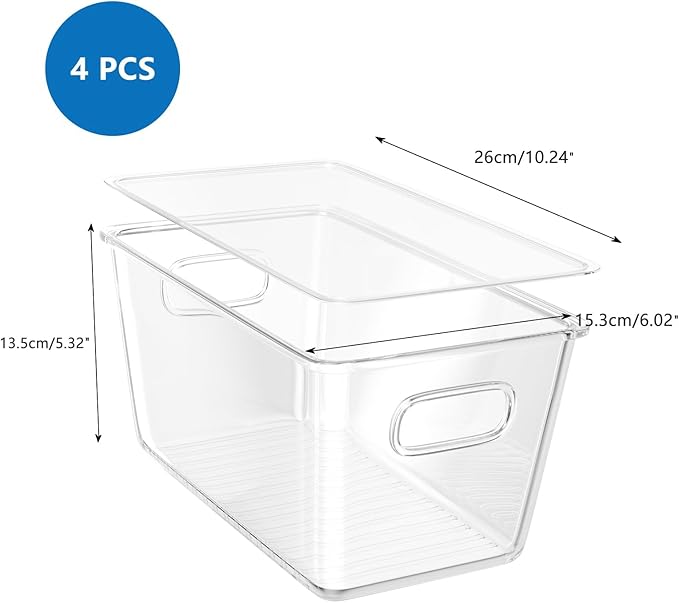 4 Pack Plastic Storage Bins with Lids, Clear Stackable Organizer with Handle, Kitchen Pantry Organizers and Storage, Perfect for Pantry, Refrigerator, Fridge, Bathroom, Cabinet, Closet, Kitchen-NeatNest