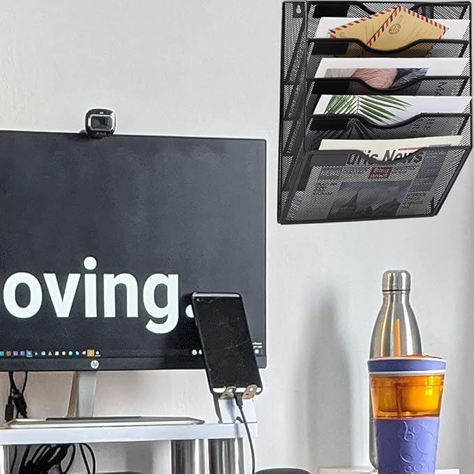 COSYAWN Wall File Holder 5 Pocket Mesh Hanging Wall Organizer Vertical Hanging File Folder Holder Magazine Rack with Nametag Label for Mail Paper Organization,Black-NeatNest