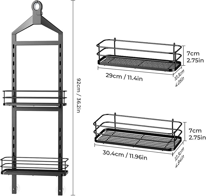 ODesign 2 Tier Height-Adjustable Shower Caddy Hanging Anti-Swing-Over The Shower Head Caddy Storage Organizer Bathroom Shelves Basket-Black