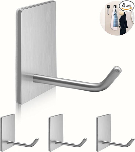 Adhesive Hooks Heavy Duty, Long Stainless Steel Self Adhesive Wall Hook, Sticky Towel Hangers for Kitchen Bathroom, Waterproof Stick on Door Hooks for Hanging Key Hat Coat 4Packs