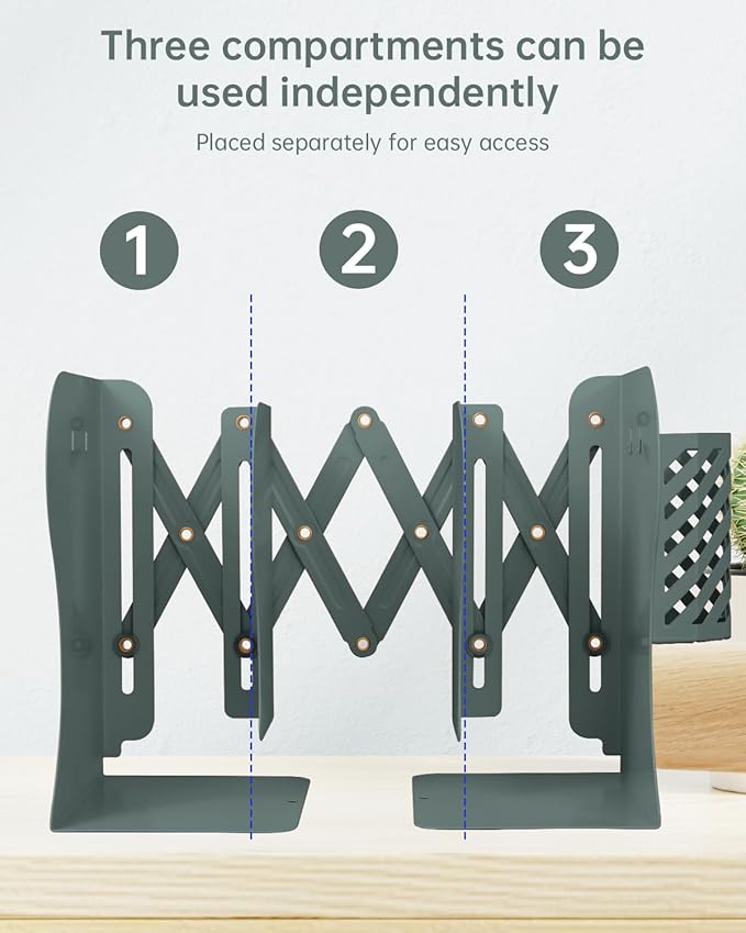 Honagu Adjustable Bookends, Metal Book Ends for Shelves Heavy Book, Desk Magazine File Organizer for Home, Office, Books, Papers, Extends up to 19 inches with Pen Holder (Green)