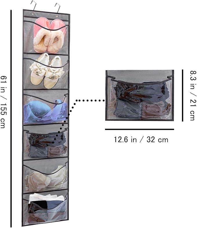 2 Pack Over the Door Shoe Organizer Hanging Shelve for Closet Clothes Storage Stuffed Animals Holder with 6 Large Pockets (Clear Pockets - 2 Pack)-NeatNest