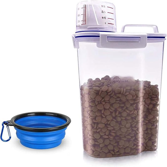 Dog Food Storage Container Small, Cat Food Storage Container Airtight Plastic Dispenser with Graduated Measuring Cup, Pourable Spout and Portable Collapsible Dog Bowl for Pet Food, Birds Seed-NeatNest