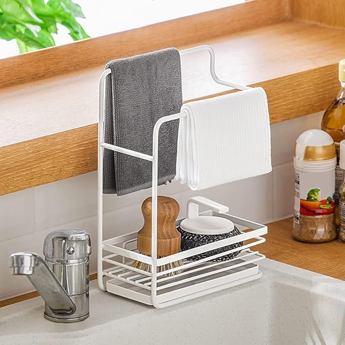 Poeland Sponge Holder with Drain Pan, Dishcloth Rack Kitchen Sink Caddy Organizer for Sponge Brush Soap Dish Rag
