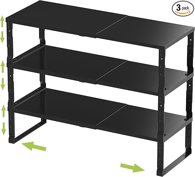 Expandable Stackable Spice Rack Organizer for Kitchen Cabinet,Adjustable Counter Shelf, countertop, Pantry,Cupboard,Bathroom,Bedroom(3Packs/Black/Large)-NeatNest
