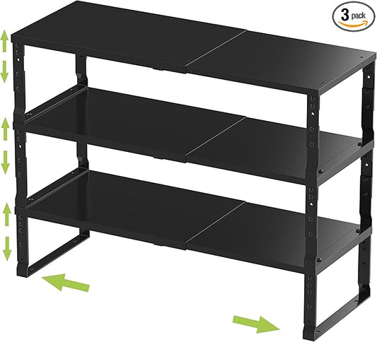 Expandable Stackable Spice Rack Organizer for Kitchen Cabinet,Adjustable Counter Shelf, countertop, Pantry,Cupboard,Bathroom,Bedroom(3Packs/Black/Large)-NeatNest