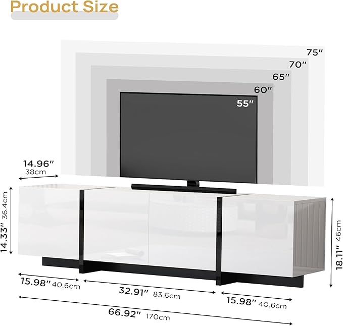 67" Wide High Gloss Modern TV Stand for 60/65/70/75 inch TV, Stylish Entertainment Center with Storage, Media Console for Living Room in White-NeatNest