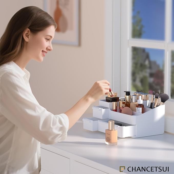 CHANCETSUI Makeup Organizer With Drawers, Makeup Desk Organizer, Bathroom Countertop Organizer for Cosmetics, Vanity Holder for Lipstick, Makeup Brush Holder/Organizer (White)