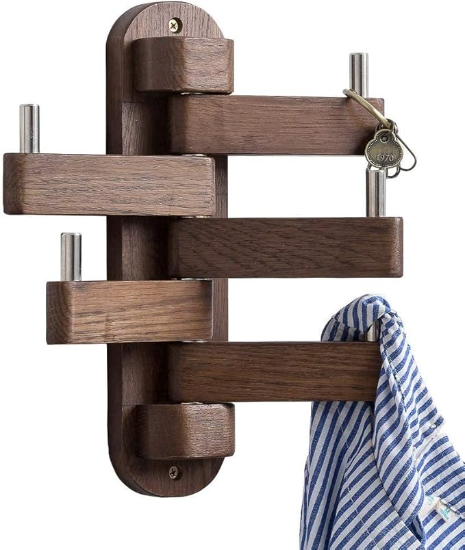 Coat Hooks for Wall, Oak Wood Wall Hooks with 5 Swivel Foldable Arms, 12'' Length Coat Rack Hat Hooks for Bathroom Entryway Bedroom Office Kitchen, Heavy Duty (Walnut)-NeatNest