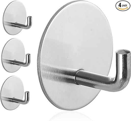 Adhesive Hooks Heavy Duty Waterproof in Shower Hooks for Hanging Loofah, Towels Clothes for Bathroom Removable Stainless Steel Brush Nickel Adhesive Wall Hooks 4 Pcs (Sliver)