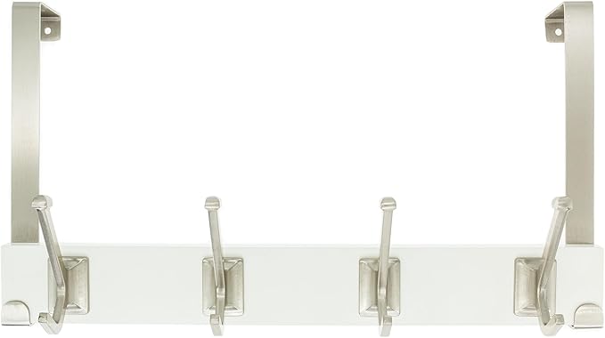 creathome Dual-Purpose Wooden Hanger with 4 Robben Hooks White Color, Behind/Over The Door Towel Rack for Bathroom, Heavy Duty Wall Mounted Coat Rack, No Drilling