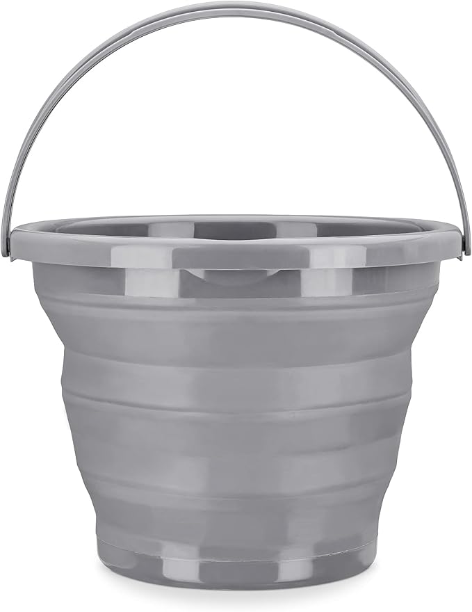 Navaris Collapsible Bucket with Handle - 1.3 Gallon (5L) Portable Pail for Camping, Beach, Gardening, Fishing, Water, Washing - Gray