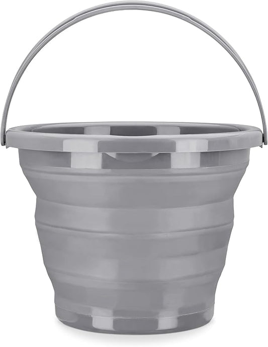 Navaris Collapsible Bucket with Handle - 1.3 Gallon (5L) Portable Pail for Camping, Beach, Gardening, Fishing, Water, Washing - Gray