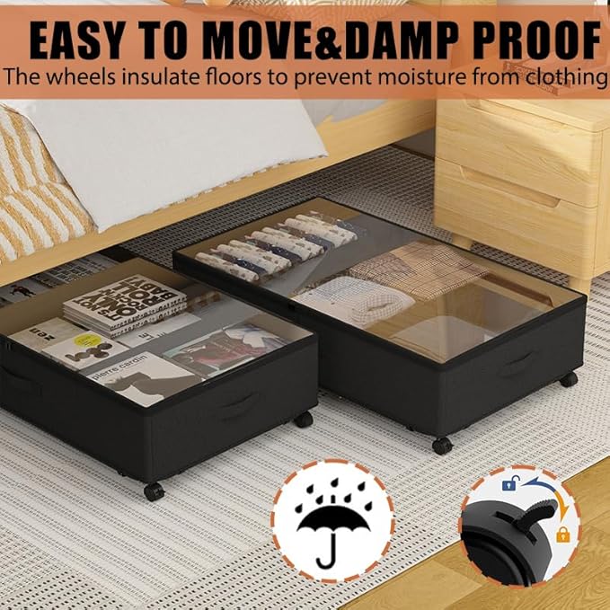 2 Pack Under Bed Storage Rolling Metal Frame Underbed Containers with Wheels Lid Visiable Window Storage Bag Box Organizer Home Closet Organization Drawer Bins for Clothes Shoes Toys Blanketss Black-NeatNest