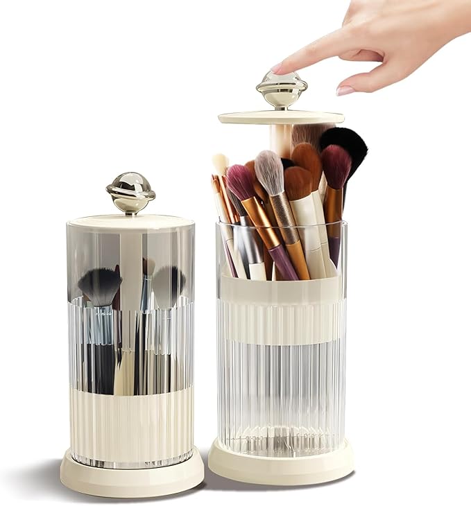 Makeup Brush Holder with Lid,One Touch Open 4 Slot Makeup Brush Case with Waterproof Dustproof, 360 Rotating Makeup Organizer for Vanity Desktop Counterto Bathroom (White)-NeatNest