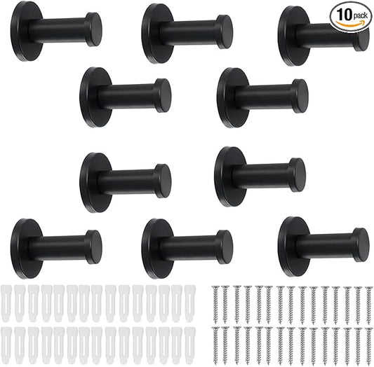 Bathroom Towel Hooks, 10 Pack Round Coat Hooks, Sturdy Wall Mounted Robe Hook, SUS 304 Stainless Steel Heavy Duty Clothes Hanger, Wall Towel Hooks for Bathroom Bedroom Kitchen(2 in, Black)